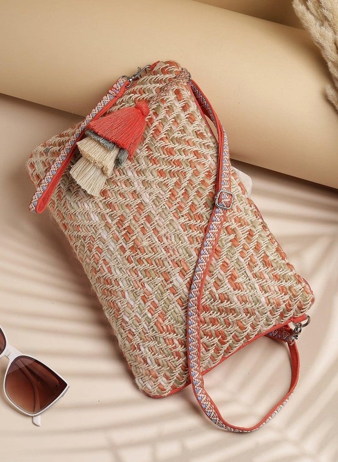 Anekaant Boho Coral & Multi Chevron Self Design Cotton Acrylic Sling Bag - Image 3